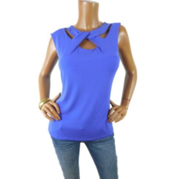 attention Tops - ATTENTION Top M Blue Blouse Stretch Sleeveless Twist Keyhole Party Shirt